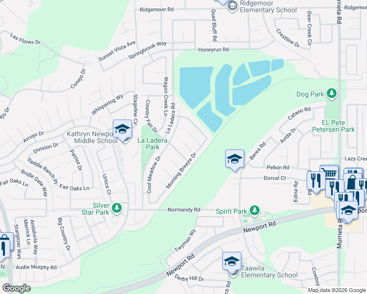 map of restaurants, bars, coffee shops, grocery stores, and more near 25345 Forest Wood Circle in Menifee