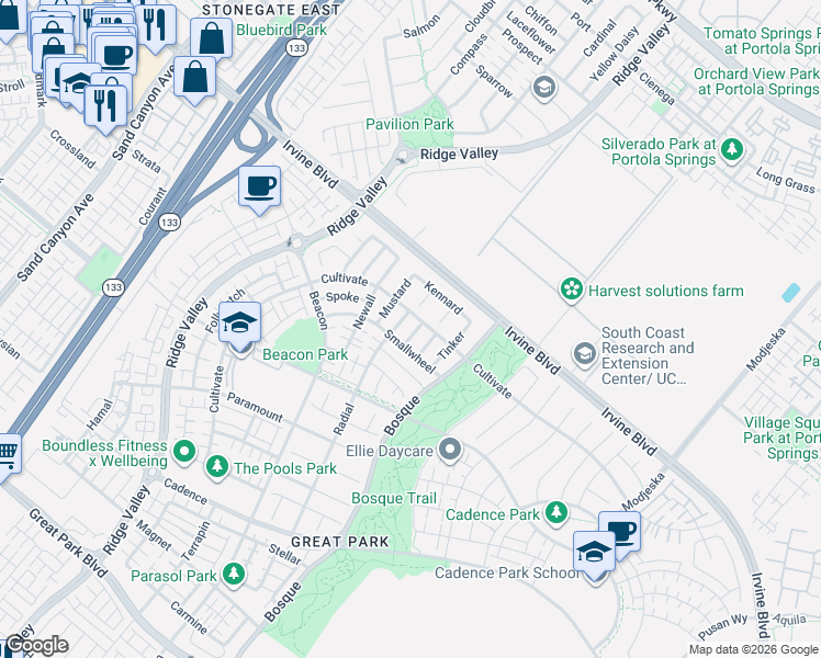 map of restaurants, bars, coffee shops, grocery stores, and more near 100 Grassblade in Irvine
