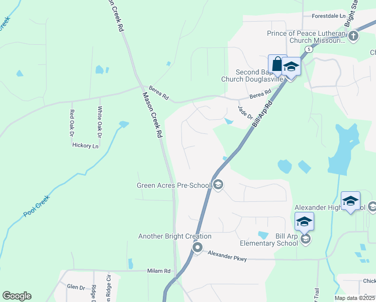map of restaurants, bars, coffee shops, grocery stores, and more near 6955 Pompas Court in Douglasville