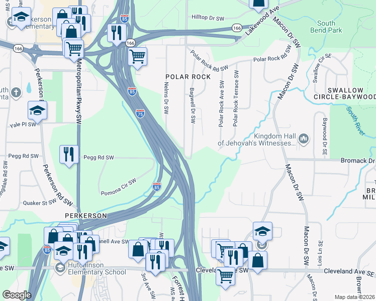 map of restaurants, bars, coffee shops, grocery stores, and more near 2364 Pryor Road Southwest in Atlanta