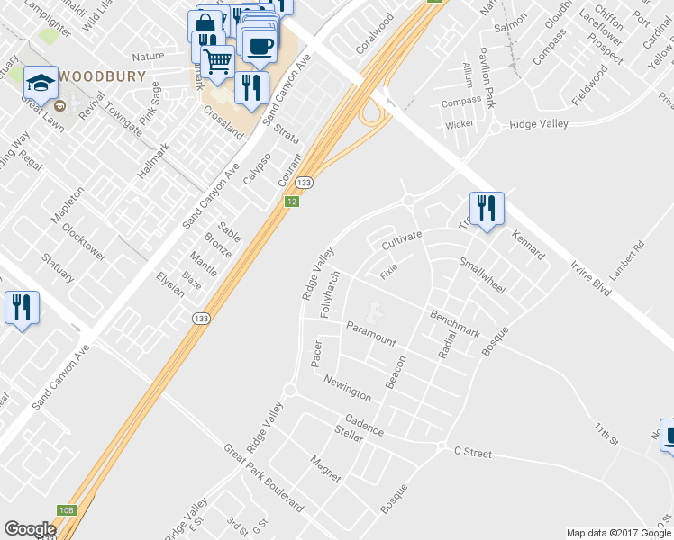 map of restaurants, bars, coffee shops, grocery stores, and more near 265 Follyhatch in Irvine
