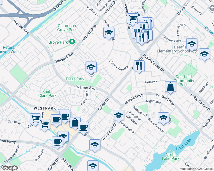 map of restaurants, bars, coffee shops, grocery stores, and more near 6 Del Cambrea in Irvine