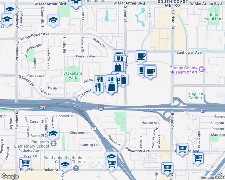 map of restaurants, bars, coffee shops, grocery stores, and more near 901 South Coast Drive in Costa Mesa