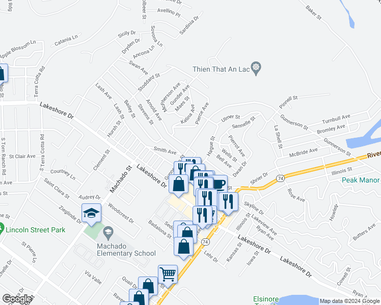 map of restaurants, bars, coffee shops, grocery stores, and more near Gunnerson Street in Lake Elsinore