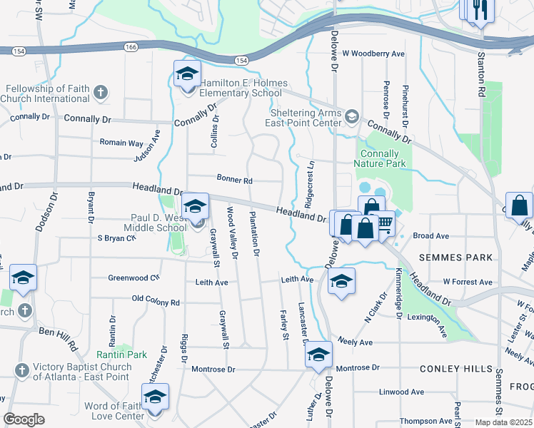map of restaurants, bars, coffee shops, grocery stores, and more near 2250 Headland Drive in East Point