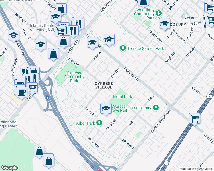 map of restaurants, bars, coffee shops, grocery stores, and more near 86 Gardenstone Path in Irvine