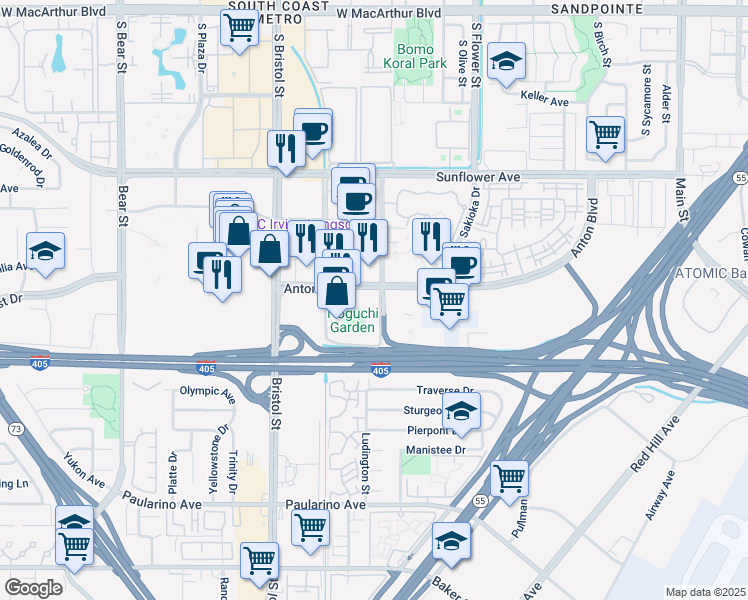 map of restaurants, bars, coffee shops, grocery stores, and more near 611 Anton Boulevard in Costa Mesa