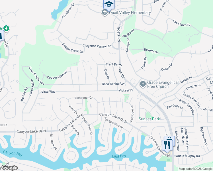 map of restaurants, bars, coffee shops, grocery stores, and more near 23745 Casa Bonita Avenue in Canyon Lake