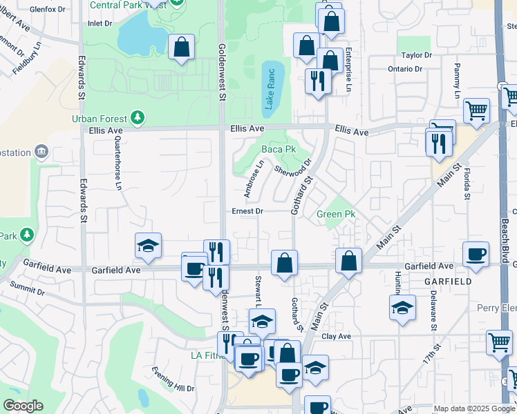 map of restaurants, bars, coffee shops, grocery stores, and more near 18775 Ashford Lane in Huntington Beach
