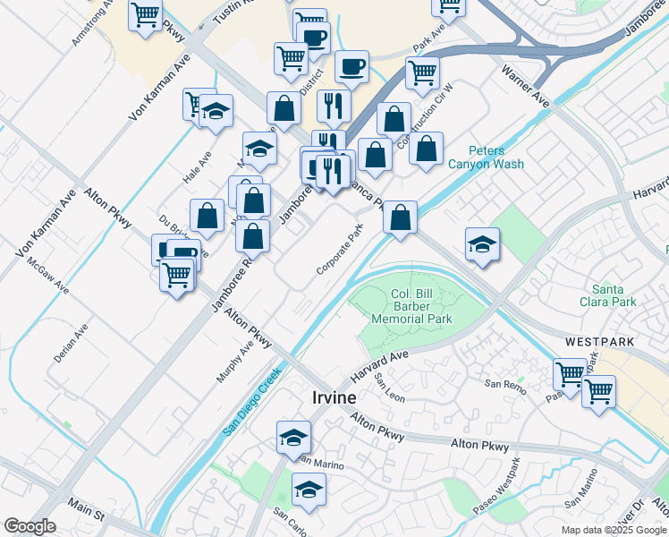 map of restaurants, bars, coffee shops, grocery stores, and more near 46 Corporate Park in Irvine