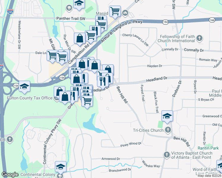 map of restaurants, bars, coffee shops, grocery stores, and more near 2420 Cheviot Glen in East Point