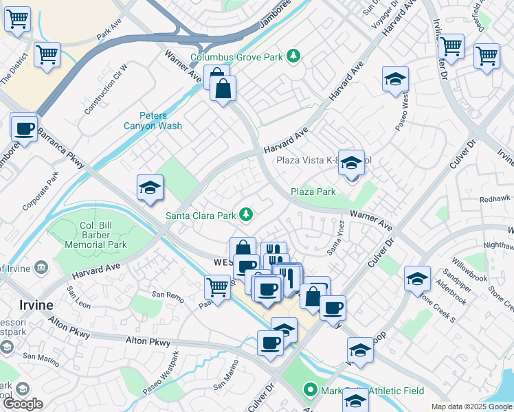 map of restaurants, bars, coffee shops, grocery stores, and more near 1101 Reggio Aisle in Irvine