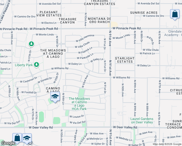 map of restaurants, bars, coffee shops, grocery stores, and more near 9273 West Country Club Trail in Peoria