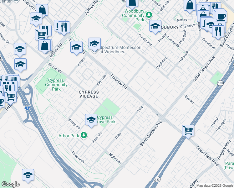 map of restaurants, bars, coffee shops, grocery stores, and more near 66 Berkshire Wood in Irvine