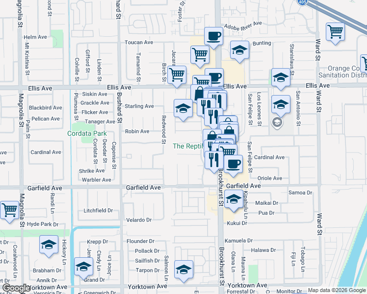 map of restaurants, bars, coffee shops, grocery stores, and more near 9845 Red River Circle in Fountain Valley