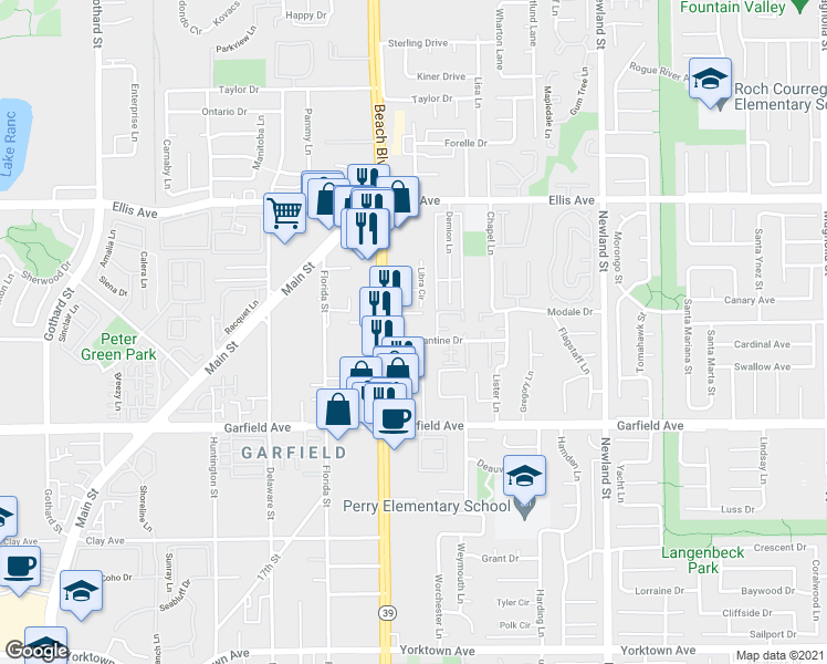 map of restaurants, bars, coffee shops, grocery stores, and more near 18761 Hoyt Circle in Huntington Beach