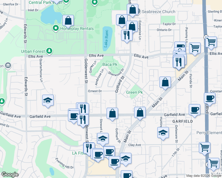 map of restaurants, bars, coffee shops, grocery stores, and more near 18772 Fairfax Lane in Huntington Beach