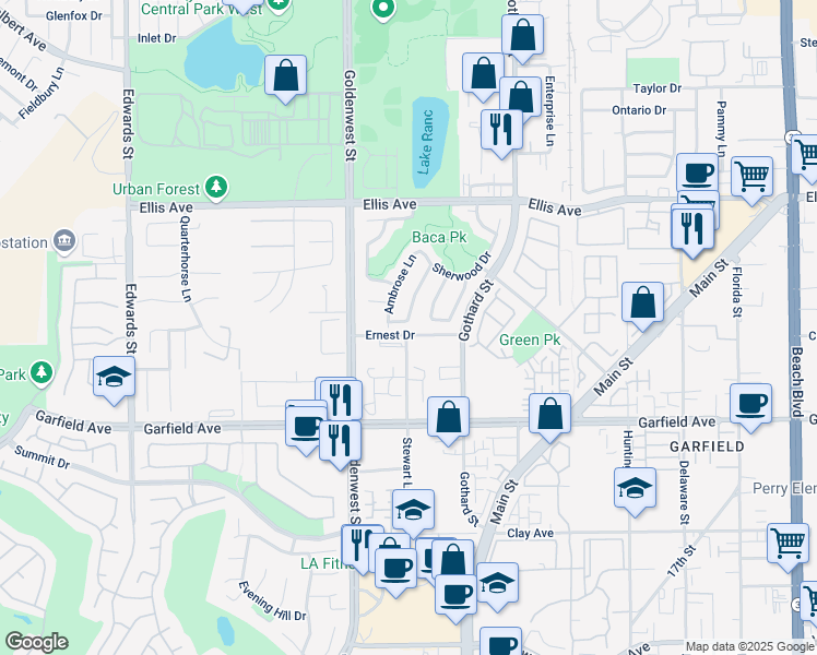 map of restaurants, bars, coffee shops, grocery stores, and more near 18775 Ashford Lane in Huntington Beach