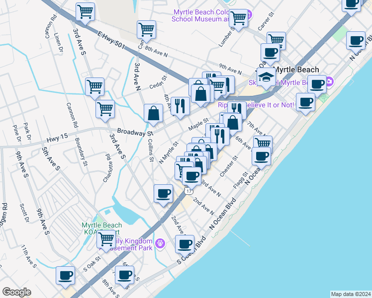 map of restaurants, bars, coffee shops, grocery stores, and more near in Myrtle Beach