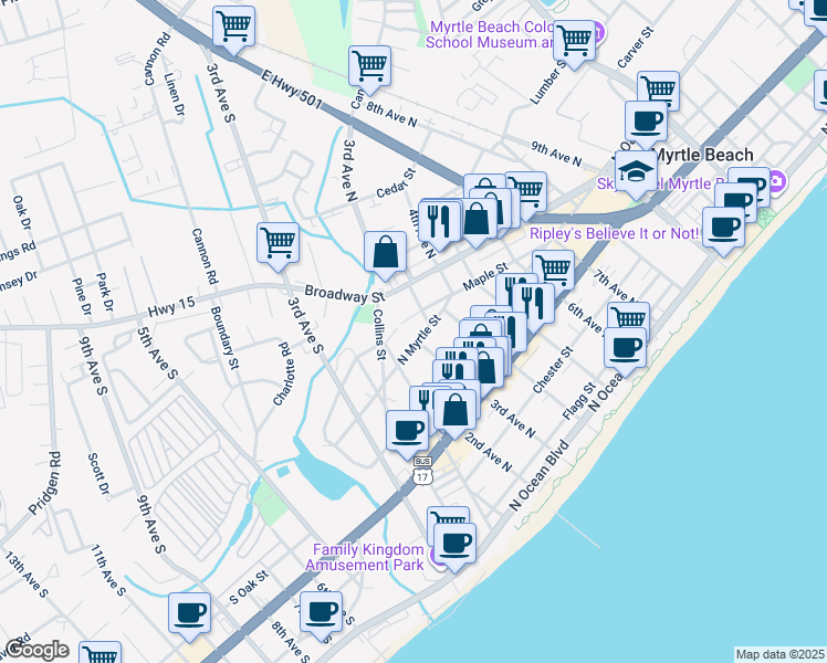 map of restaurants, bars, coffee shops, grocery stores, and more near 701 3rd Avenue North in Myrtle Beach