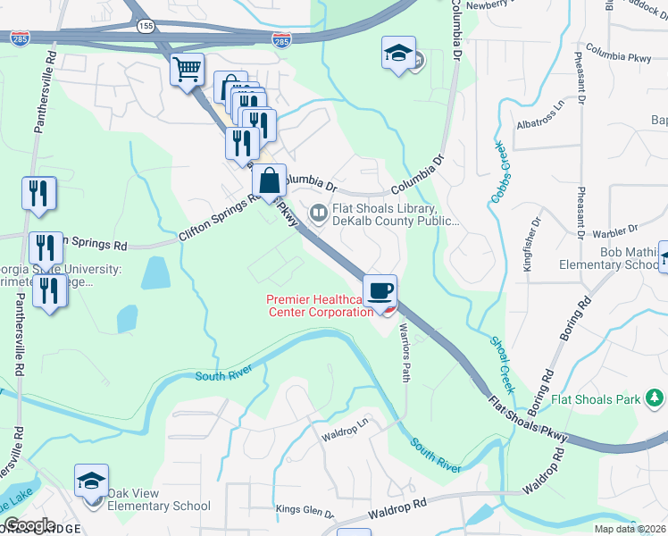 map of restaurants, bars, coffee shops, grocery stores, and more near 4077 Flat Shoals Parkway in Decatur
