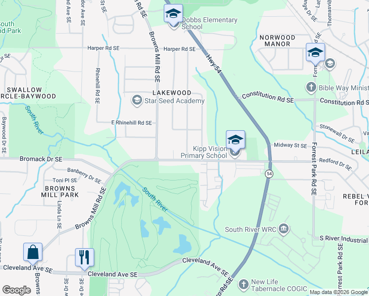 map of restaurants, bars, coffee shops, grocery stores, and more near 2363 Burroughs Avenue Southeast in Atlanta