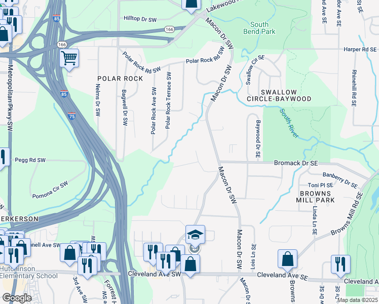 map of restaurants, bars, coffee shops, grocery stores, and more near 2375 Meadow Park Drive Southwest in Atlanta
