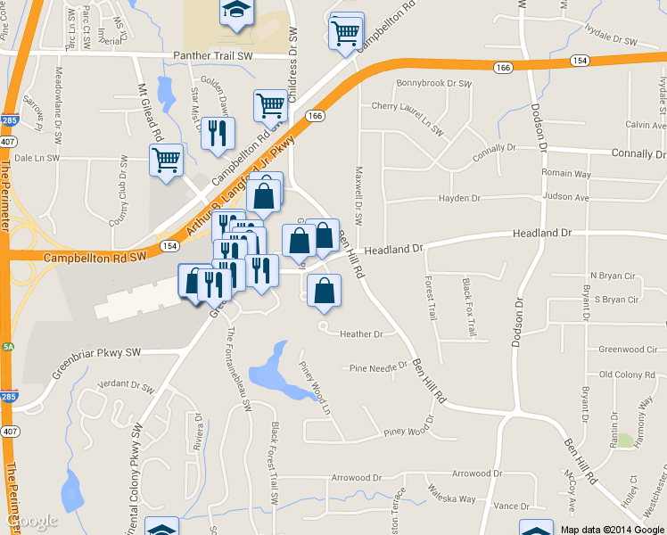 map of restaurants, bars, coffee shops, grocery stores, and more near 2420 Cheviot Glen in East Point