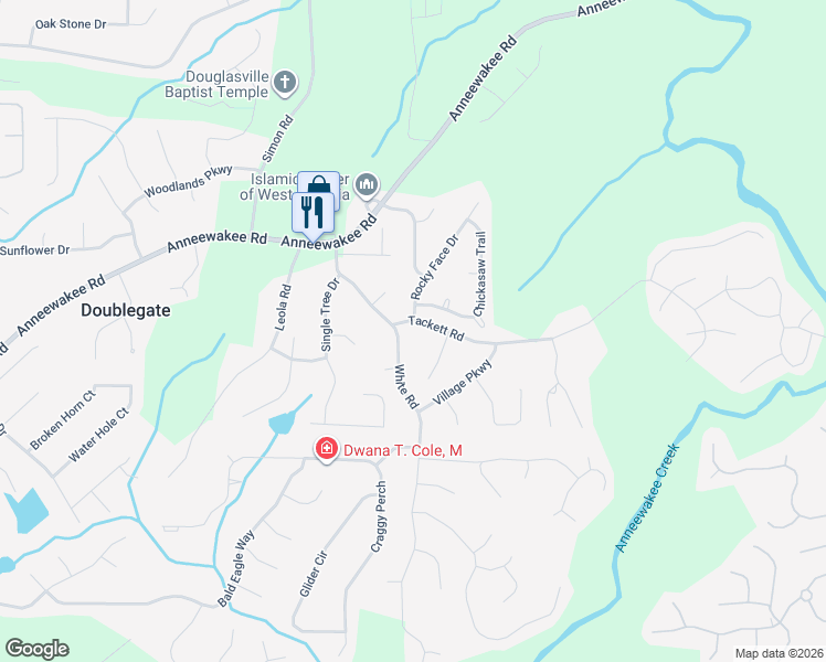 map of restaurants, bars, coffee shops, grocery stores, and more near 3685 Tackett Road in Douglasville