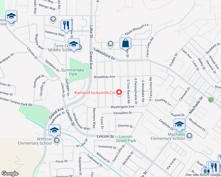 map of restaurants, bars, coffee shops, grocery stores, and more near 179 South Massachusetts Street in Lake Elsinore