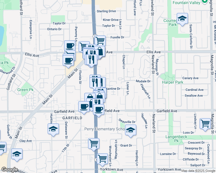 map of restaurants, bars, coffee shops, grocery stores, and more near 8101 Constantine Drive in Huntington Beach