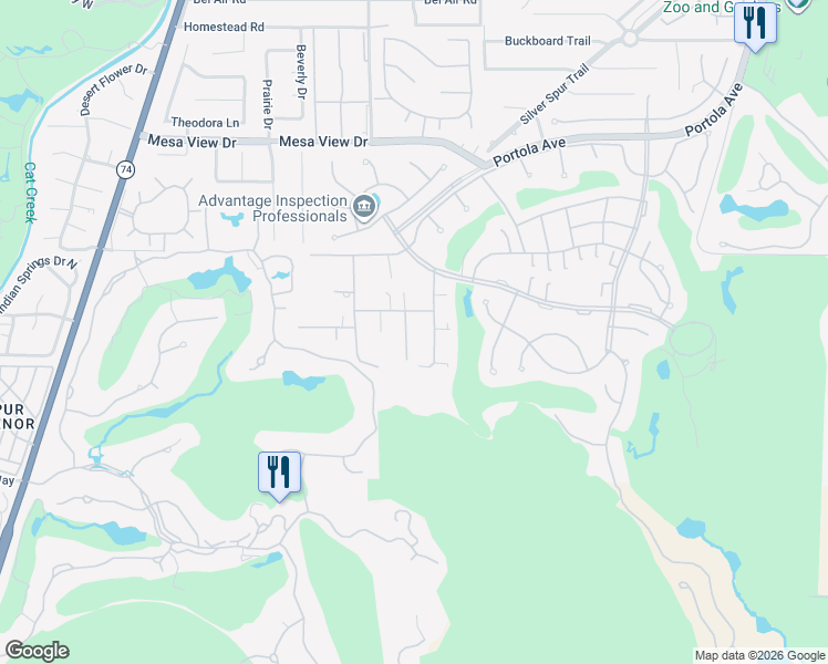 map of restaurants, bars, coffee shops, grocery stores, and more near 49240 Jfk Trail in Palm Desert