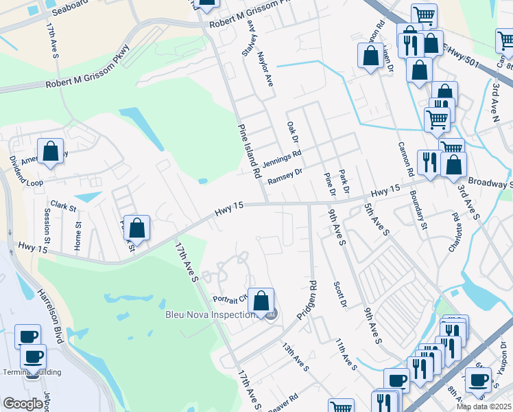 map of restaurants, bars, coffee shops, grocery stores, and more near 1207 Highway 15 in Myrtle Beach