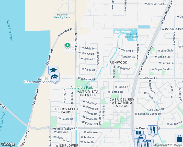 map of restaurants, bars, coffee shops, grocery stores, and more near 10527 West Daley Lane in Peoria