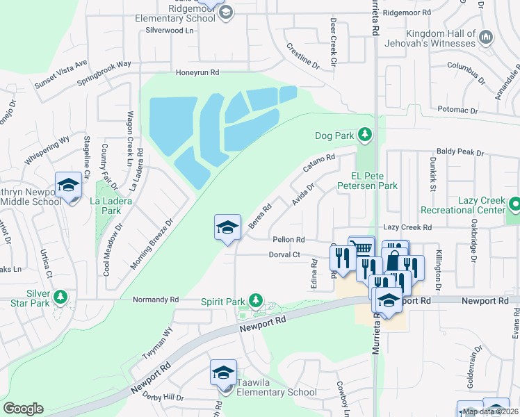 map of restaurants, bars, coffee shops, grocery stores, and more near 29787 Berea Road in Menifee