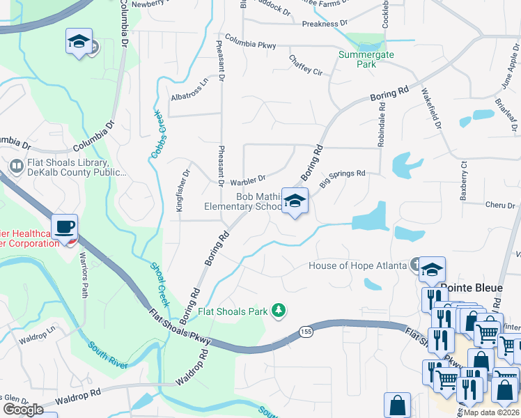 map of restaurants, bars, coffee shops, grocery stores, and more near 3455 Boring Road in Decatur