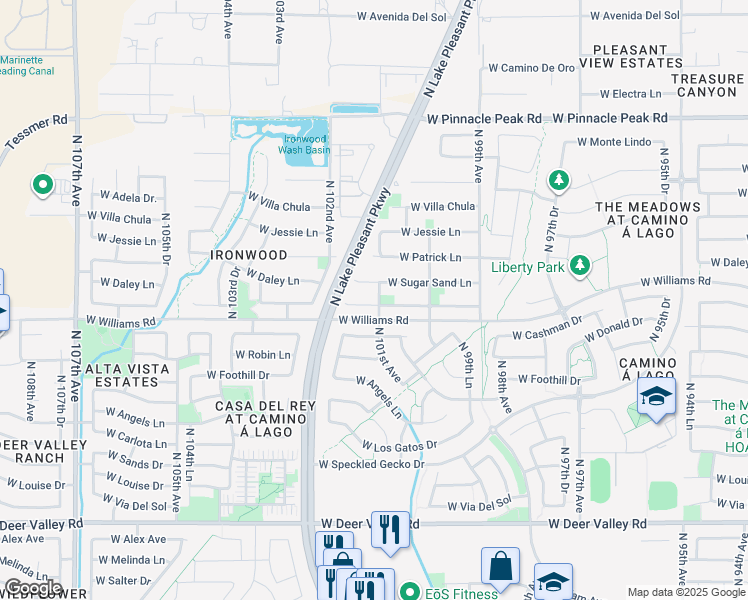 map of restaurants, bars, coffee shops, grocery stores, and more near 10110 West Wizard Lane in Peoria