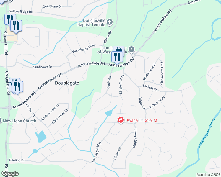 map of restaurants, bars, coffee shops, grocery stores, and more near 4279 Tillage Path in Douglasville