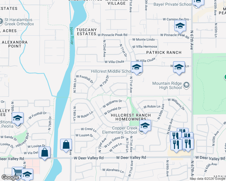 map of restaurants, bars, coffee shops, grocery stores, and more near 7160 West La Senda Drive in Glendale