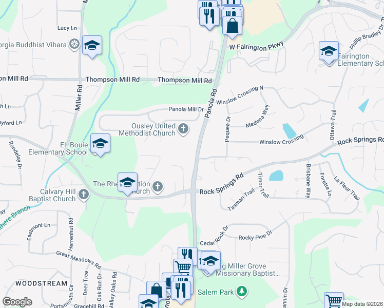 map of restaurants, bars, coffee shops, grocery stores, and more near 3309 Panola Road in Stonecrest