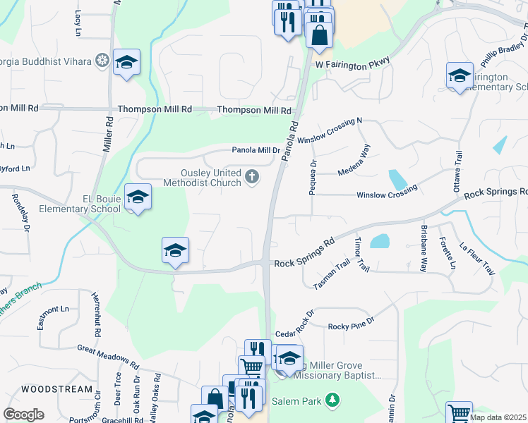 map of restaurants, bars, coffee shops, grocery stores, and more near 3309 Panola Road in Stonecrest