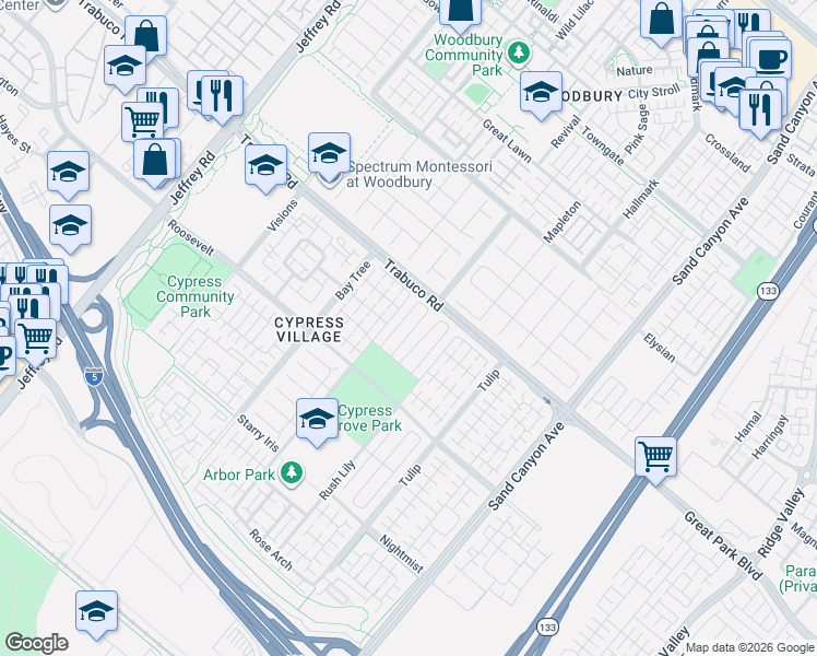 map of restaurants, bars, coffee shops, grocery stores, and more near 66 Berkshire Wood in Irvine