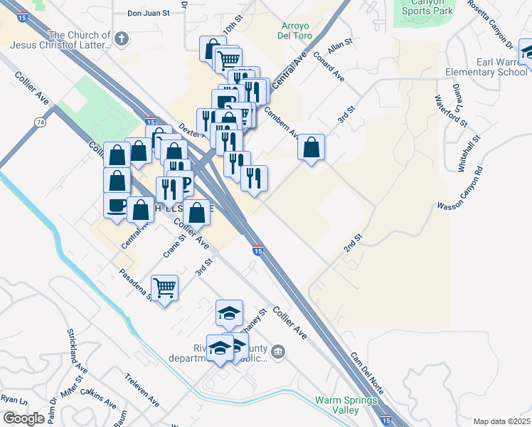 map of restaurants, bars, coffee shops, grocery stores, and more near Dexter Avenue in Lake Elsinore