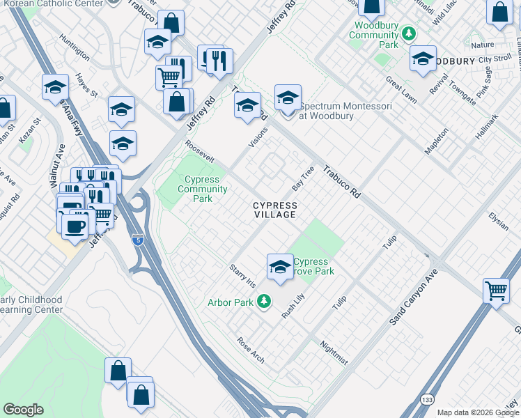 map of restaurants, bars, coffee shops, grocery stores, and more near Piccolo in Irvine