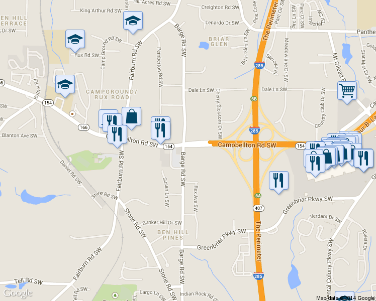 map of restaurants, bars, coffee shops, grocery stores, and more near 3580 Campbellton Road Southwest in Atlanta