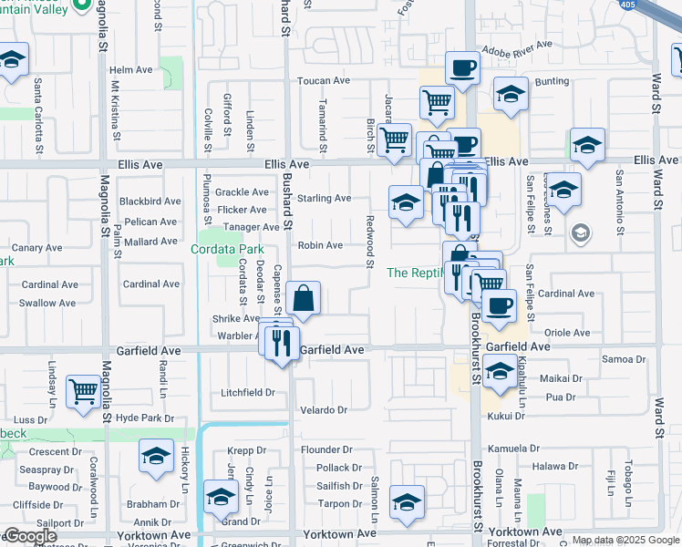 map of restaurants, bars, coffee shops, grocery stores, and more near 9640 Nightingale Avenue in Fountain Valley
