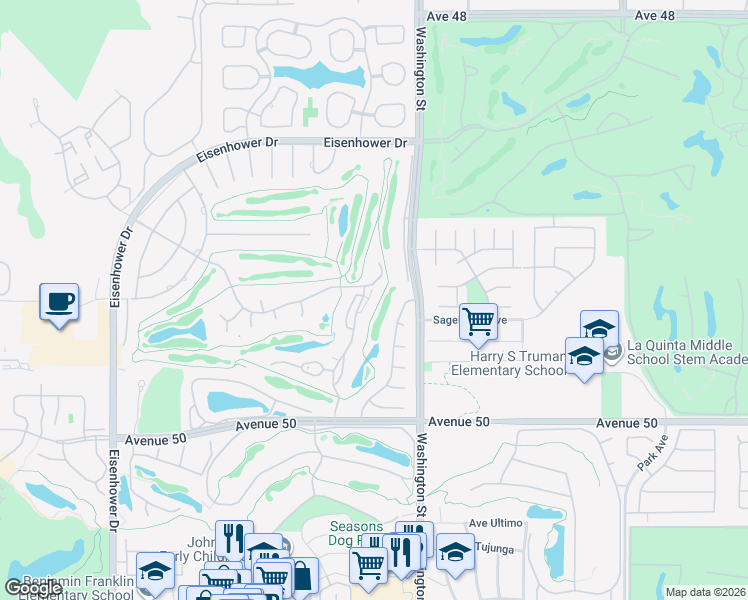 map of restaurants, bars, coffee shops, grocery stores, and more near 49434 Avila Drive in La Quinta