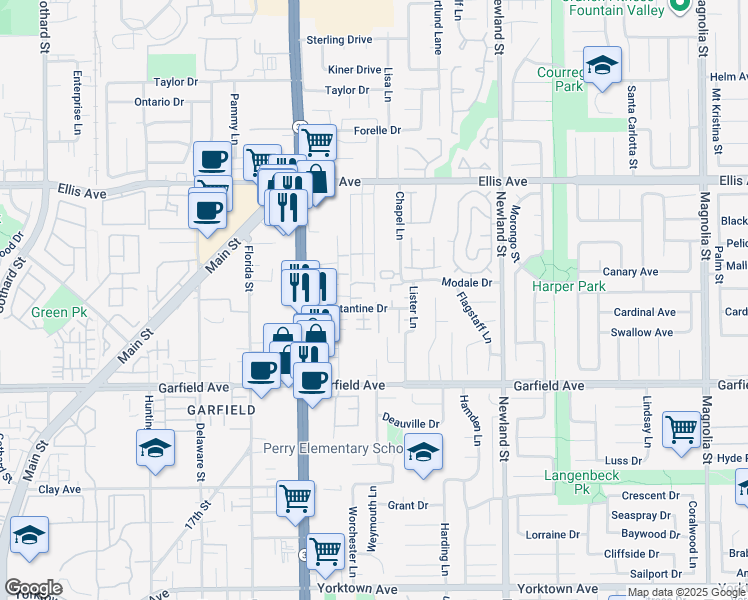 map of restaurants, bars, coffee shops, grocery stores, and more near 18815 Thornwood Circle in Huntington Beach