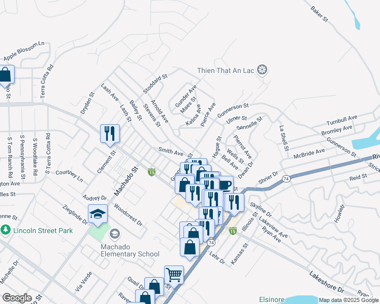 map of restaurants, bars, coffee shops, grocery stores, and more near Gunnerson Street in Lake Elsinore