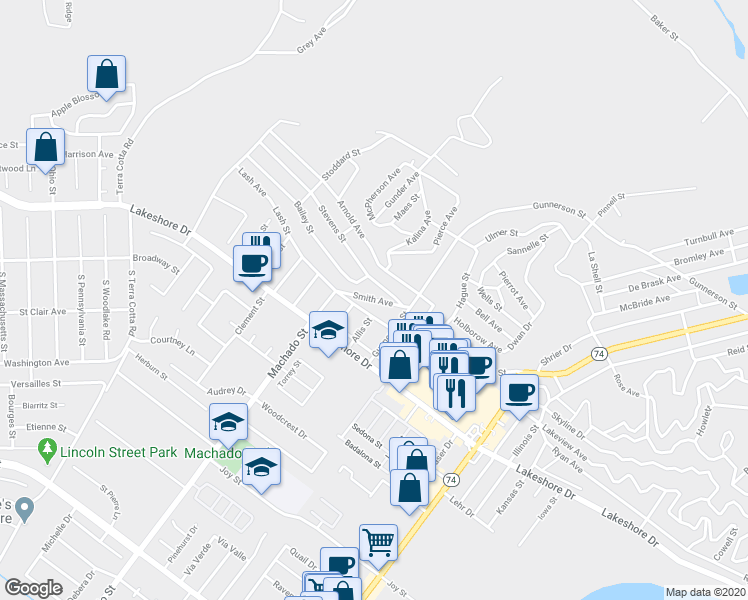 map of restaurants, bars, coffee shops, grocery stores, and more near Smith Avenue in Lake Elsinore